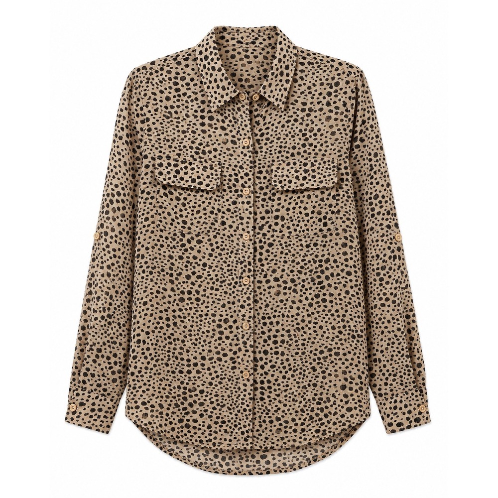 Timing Womens Animal Print Button Down Chiffon Blouse Tan Black Small WN1720J48